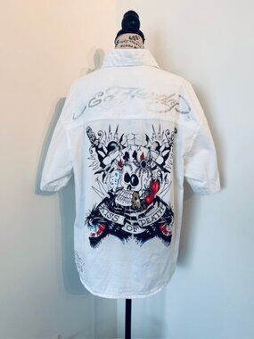 Ed Hardy Y2K by Christian Audigier - White Camp Shirt, Men's XXL